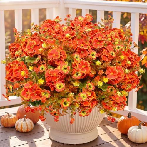 Artificial Geranium Flowers Fall Decor - Orange, 10 Bundles