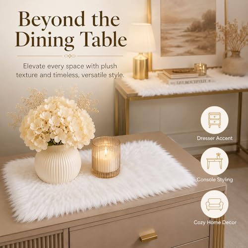 Faux Fur Placemats Set of 2 - White 12x18 Inch Washable Holiday Table Decor