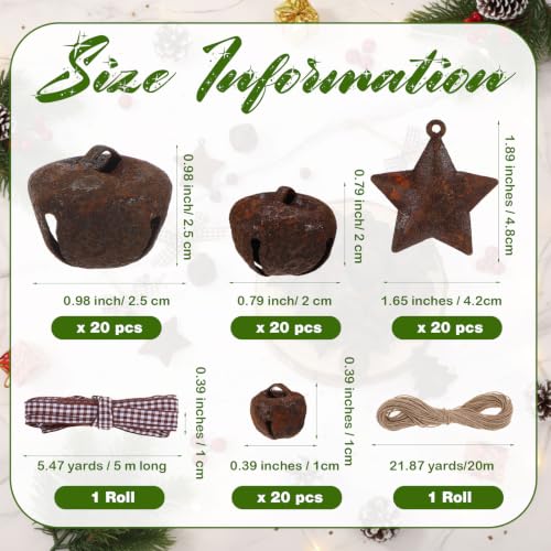 Vintage Rusty Metal Christmas Bells Kit with Stars & Twine - 82 Pieces