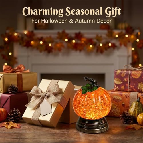Glitter Lighted Pumpkin Snow Globe with LED Warm Glow Halloween Decor