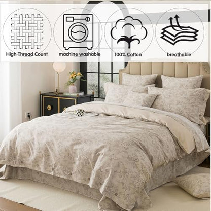 FADFAY Full Size Taupe Mocha Floral Duvet Cover Set – 3-Piece Cotton Bedding