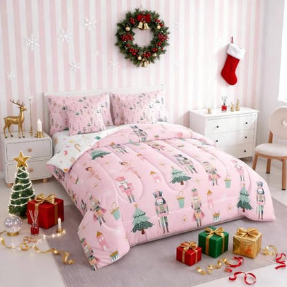 Pink Christmas Comforter Set Queen Size Kids Holiday Bed in a Bag with Variation Green Pink