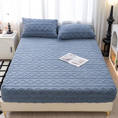 Blue Full Velvet Fitted Sheet & 2 Pillowcases Deep Pocket Up to 15 Inches - Carlmaya