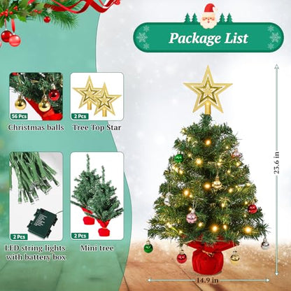 Uten Mini Christmas Tree Set 2ft with 56 Ornaments & Gold Treetop - Green J