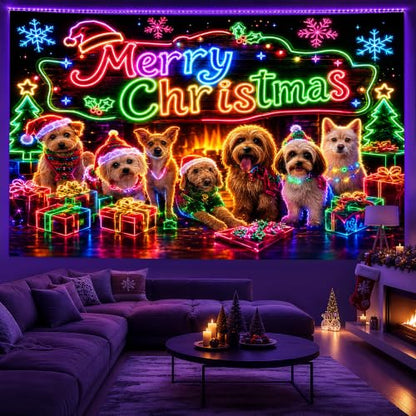 Neon UV Reactive Christmas Puppy Tapestry Wall Hanging - Holiday Decor for Bedroom & Pet Shop
