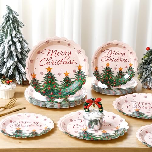 Christmas Tree Plates Set - Merry Christmas Party Decorations, 60 Pieces, Tree Design