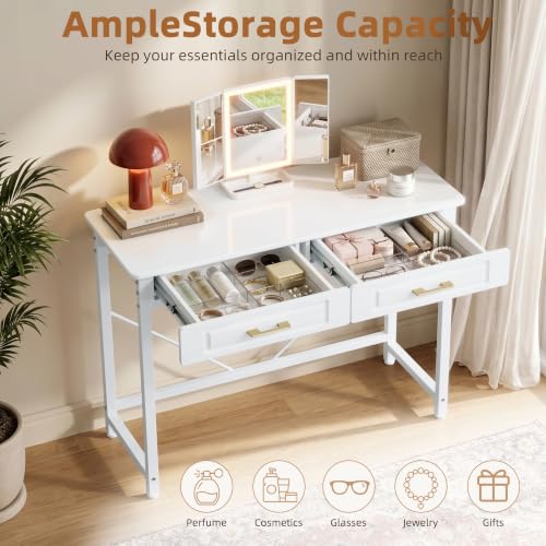 Vanity Desk with Mirror & Lights, White 40" W/ Wooden Drawers