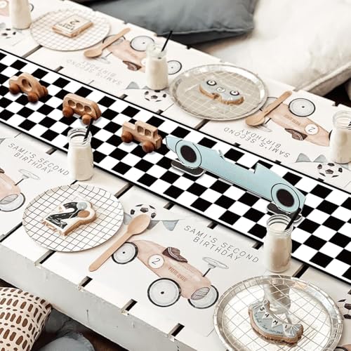 Black Checkered Table Runner 14x108 Inches for Race Car Party, Disposable Plastic