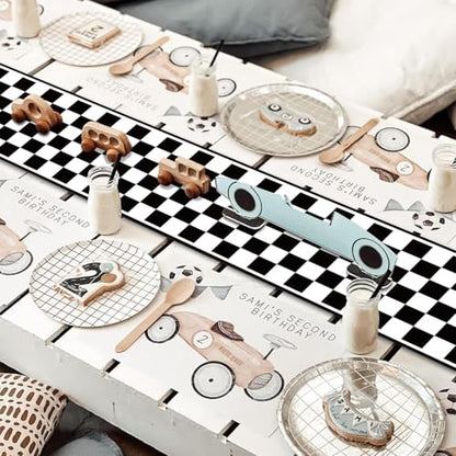 Black Checkered Table Runner 14x108 Inches for Race Car Party, Disposable Plastic