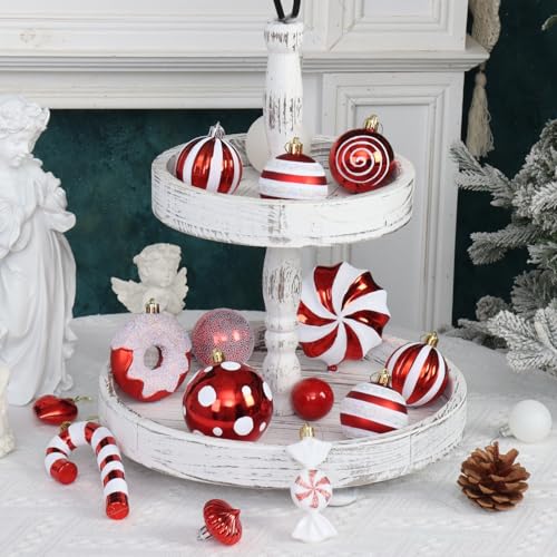 Red & White Christmas Ornaments Set - Candy Cane & Donut Theme, 105 Pcs