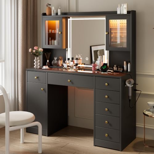 iPormis Black Vanity Desk with Mirror, RGB Lights, 2 Outlets & 7 Drawers