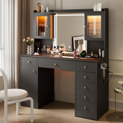 iPormis Black Vanity Desk with Mirror, RGB Lights, 2 Outlets & 7 Drawers