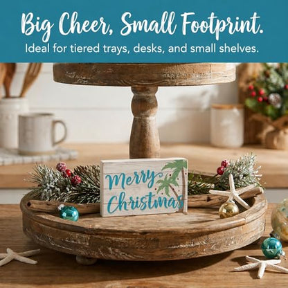 Coastal Christmas Wooden Shelf Sitter Sign with Palm Trees - Beach Decor