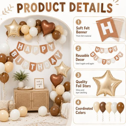 Brown Neutral Birthday Decorations Felt Happy Birthday Banner & Balloons - Variation of THIS listing