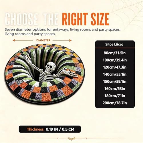 Halloween Optical Illusion Rug 24-79in Skeleton Ghost Pumpkin Pattern Black 80cm