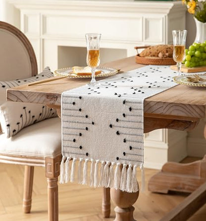 Black Beige Cotton Linen Rustic Boho Table Runner 13x108 Inches - Caflife