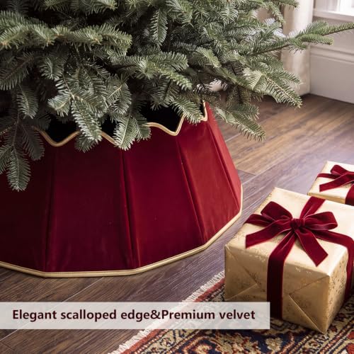 Foldable Velvet Christmas Tree Collar Burgundy 28 Inch with Gold Trim - Farmhouse Style