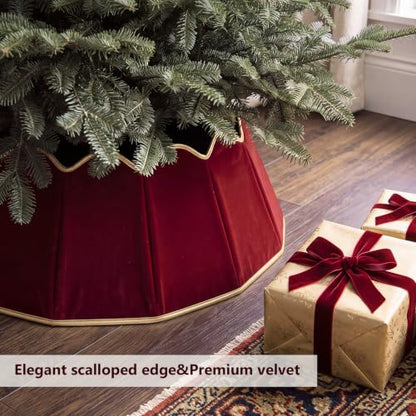 Foldable Velvet Christmas Tree Collar Burgundy 28 Inch with Gold Trim - Farmhouse Style