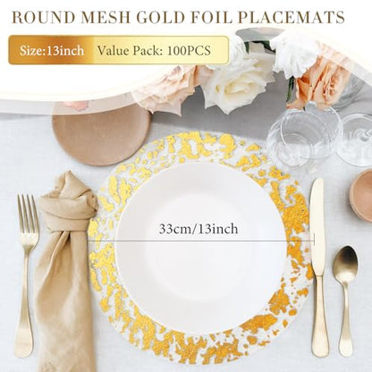 Gold Foil Disposable Placemats Set - 100pcs 13-inch Round Metallic Doilies for Weddings & Parties - Variation of THIS listing