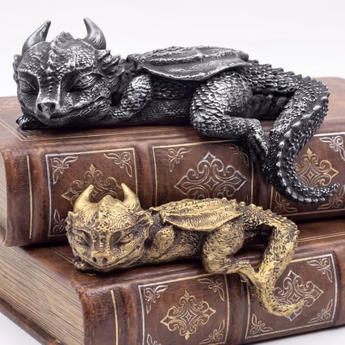 Sleeping Dragon Bookend Set - Fantasy Black & Gold Mythical Decor