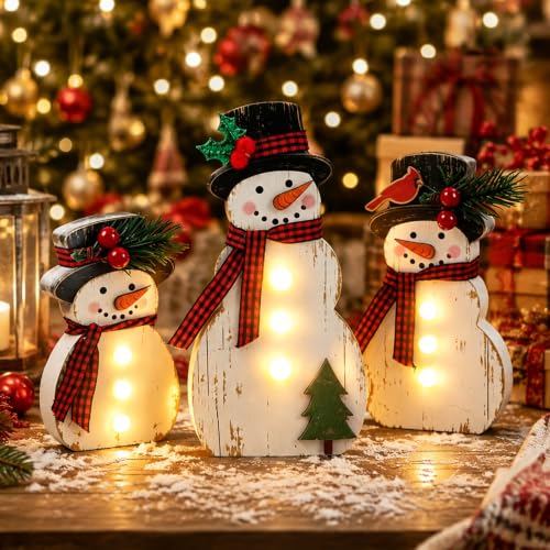 3 Pack Christmas Snowman Wooden Decor with LED Lights - Holiday Table Ornaments