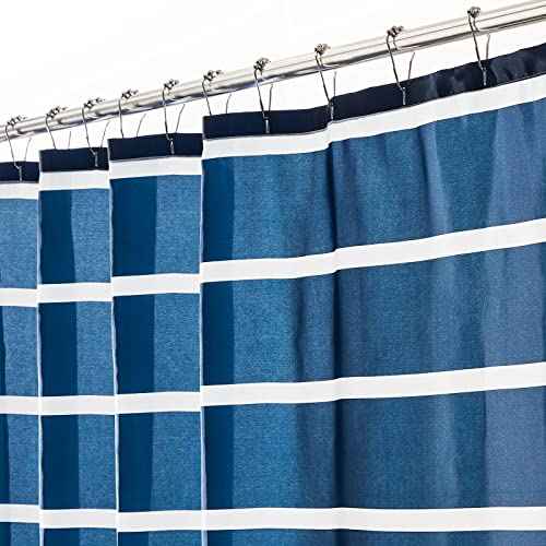 mDesign Fabric Shower Curtain, Machine Washable, Quality Reinforced Buttonholes for Bathroom, Guest Bath, Stalls, Tubs - Modern Simple Stripes Design - White/Dress Blues
