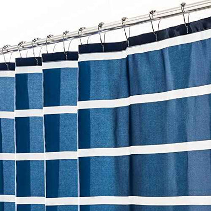 mDesign Fabric Shower Curtain, Machine Washable, Quality Reinforced Buttonholes for Bathroom, Guest Bath, Stalls, Tubs - Modern Simple Stripes Design - White/Dress Blues