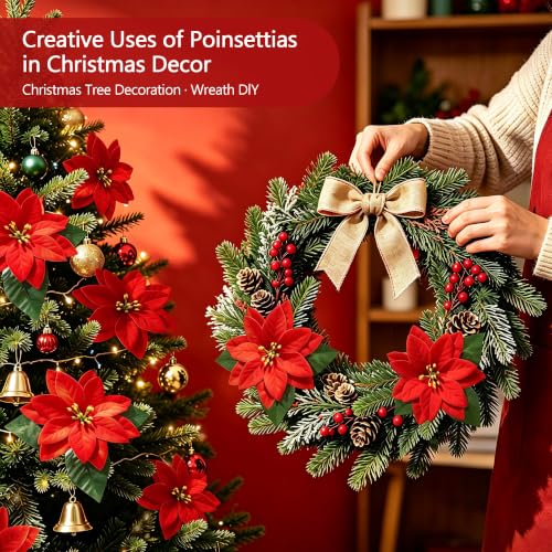 Artificial Red Poinsettia Flowers - Realistic Holiday Christmas Decor - 6PCS