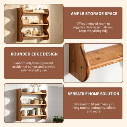 3 Tier Solid Wood Wall Shelf - Rustic Floating Storage Organizer, Brown