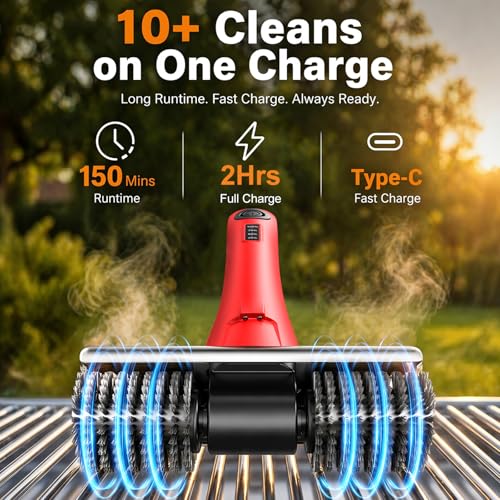 Electric Grill Brush for Outdoor Grills - Red Cordless BBQ Cleaner with Dual Rotating Heads, 450 RPM Motor, 6-Piece Replacement Set