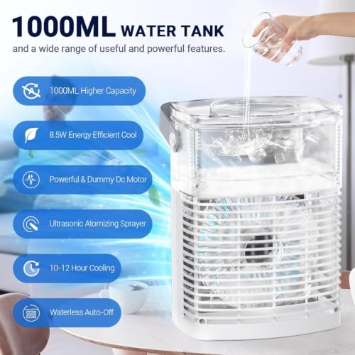 Portable Evaporative Air Cooler with 3 Speeds 3 Modes 1200ML Water Tank Remote
