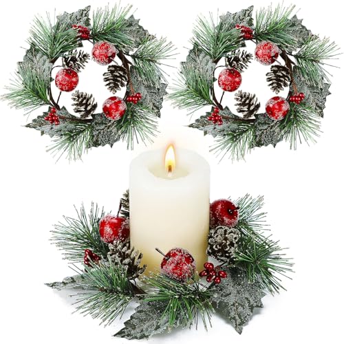 Christmas Candle Ring Set with Berries and Pine Cones - Winter Holiday Decor