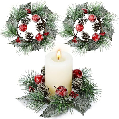 Christmas Candle Ring Set with Berries and Pine Cones - Winter Holiday Decor