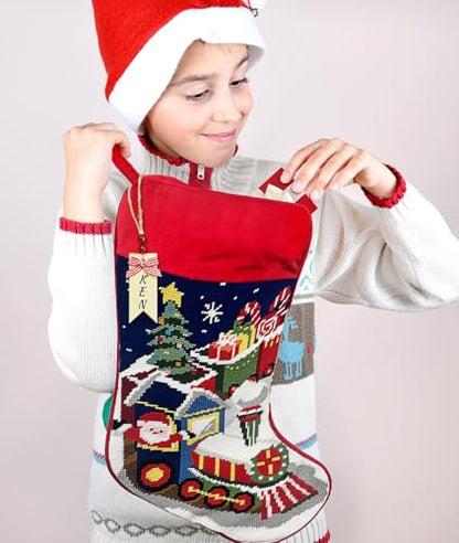 Needlepoint Christmas Stocking - Vintage 18 Inch Xmas Stocking with Personalized Name Tag and Train Embroidery