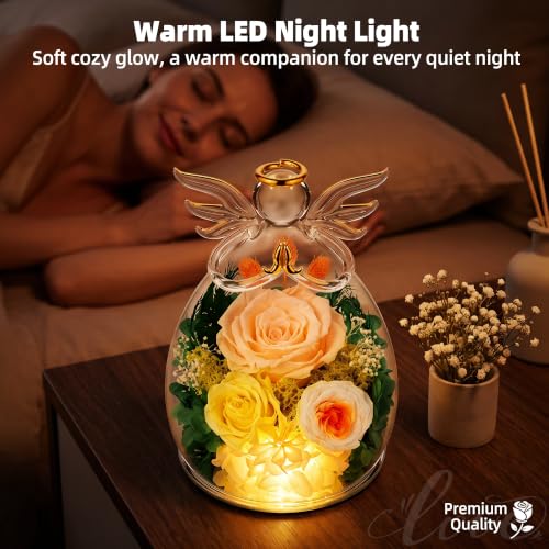 Preserved Rose in Glass Angel Figurine with LED Night Light - Champagne