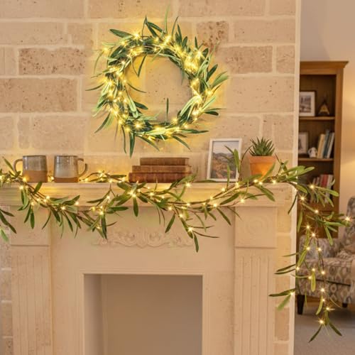Lighted Artificial Olive Garland 6FT with Warm White LEDs for Home Decor
