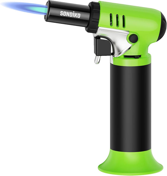 Sondiko Butane Torch - Refillable Soldering Lighter with Adjustable Flame | Fuel Gauge, Green & Black