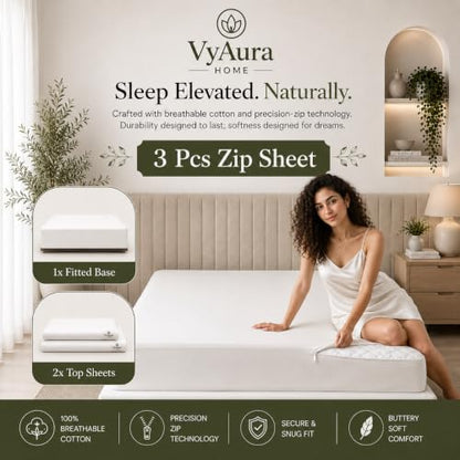 VyAura HOME Burgundy Queen Zip Fitted Sheet - 600TC Cotton Deep Pocket