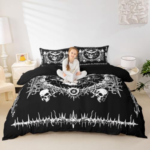 Gothic Skull Duvet Cover Set Full Size Horror Bedding with Moon Skeleton Design for Kids & Teens - No Comforter