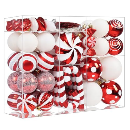 Red & White Christmas Ornaments Set - Candy Cane & Donut Theme, 105 Pcs