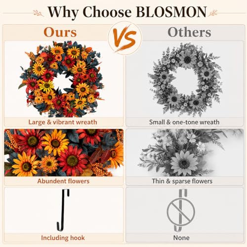 Fall Wreath for Front Door - 24 Inch Autumn Thanksgiving Halloween Decor - Orange, Red & Blue Variation
