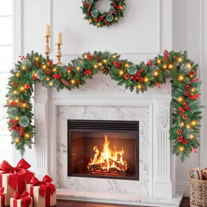 Holly Berries Christmas Garland 9FT Prelit with String Lights for Indoor & Outdoor Decor
