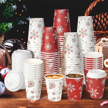 Christmas Snowflake Paper Cups with Lids 12oz - Red, 100 Pack - Holiday Party Supplies