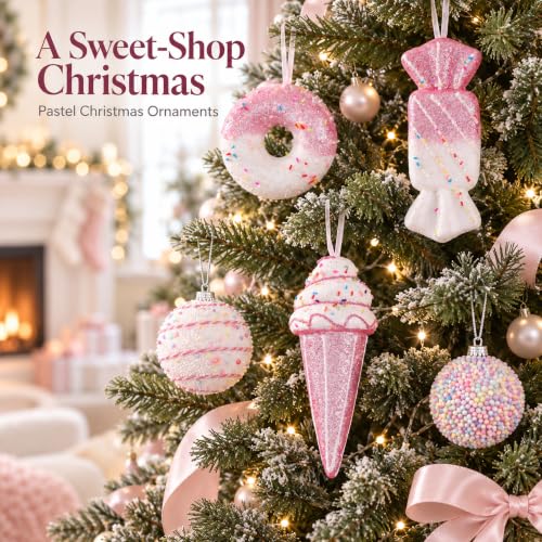Pink Pastel Christmas Ornaments Set 15PCS Candy Donut & Ice Cream - Medium Variation