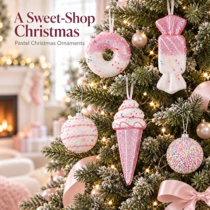 Pink Pastel Christmas Ornaments Set 15PCS Candy Donut & Ice Cream - Medium Variation