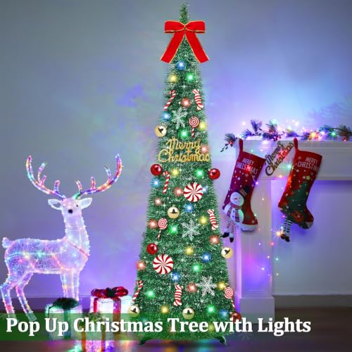 Green 6 Ft Pop Up Christmas Tinsel Tree with Lights & Ornaments - Collapsible Holiday Decor