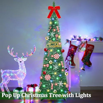 Green 6 Ft Pop Up Christmas Tinsel Tree with Lights & Ornaments - Collapsible Holiday Decor