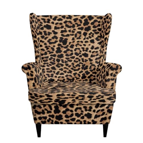 Leopard Print Wingback Chair Cover Set of 2 Brown Washable Elastic Furniture Protector