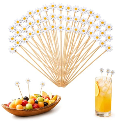 100pcs Bamboo Flower Toothpicks with White Daisy Design for Food & Party Decor