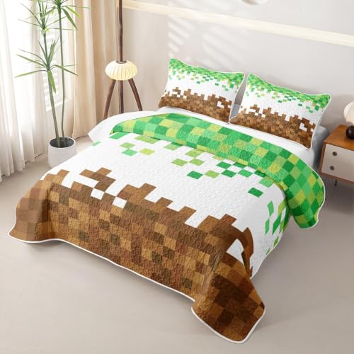 Pixelated Theme Quilt Bedding Set Full Brown Green Geometric Patchwork Kids Bedspread